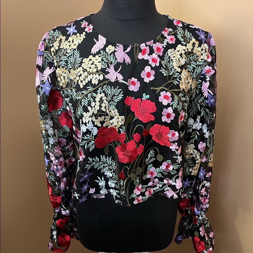 Embroidered Sheer Floral Print Blouse
